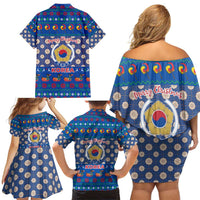 Korea Christmas Family Matching Off Shoulder Short Dress and Hawaiian Shirt with Bear in Hanbok National Emblem and Traditional Boat Pattern Design - Wonder Print Shop