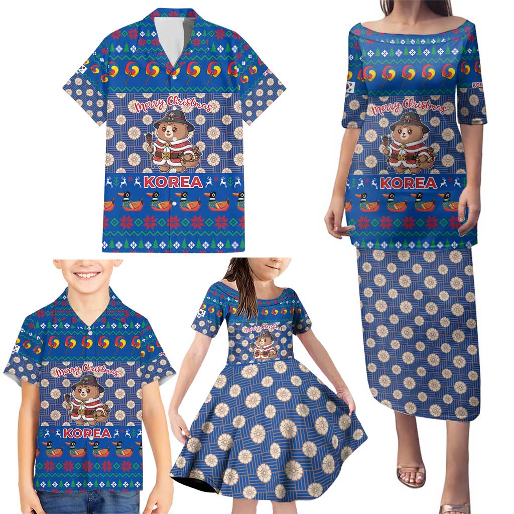 Korea Christmas Family Matching Puletasi and Hawaiian Shirt with Bear in Hanbok National Emblem and Traditional Boat Pattern Design - Wonder Print Shop