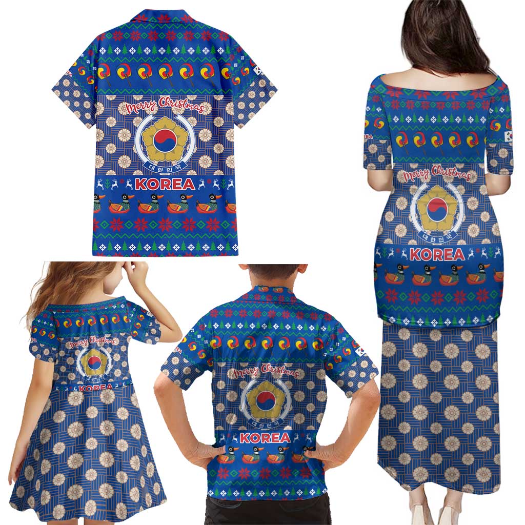 Korea Christmas Family Matching Puletasi and Hawaiian Shirt with Bear in Hanbok National Emblem and Traditional Boat Pattern Design - Wonder Print Shop