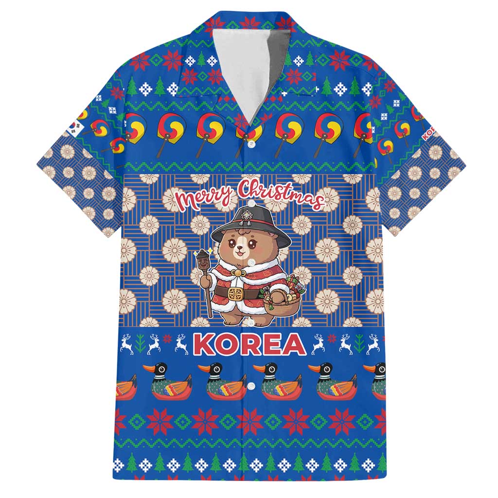 Korea Christmas Family Matching Puletasi and Hawaiian Shirt with Bear in Hanbok National Emblem and Traditional Boat Pattern Design - Wonder Print Shop