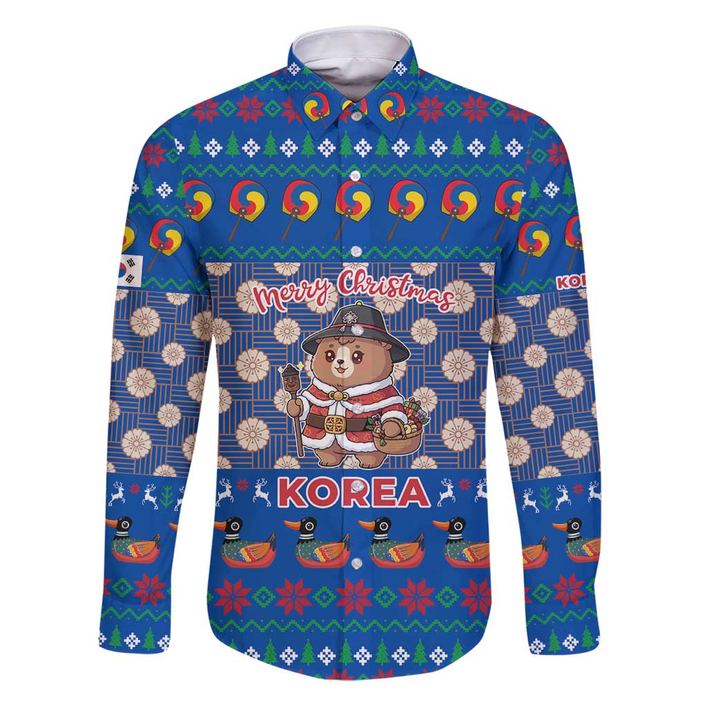 Korea Christmas Family Matching Puletasi and Hawaiian Shirt with Bear in Hanbok National Emblem and Traditional Boat Pattern Design - Wonder Print Shop
