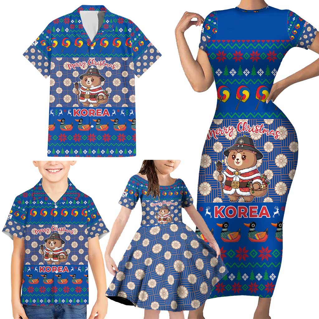 Korea Christmas Family Matching Short Sleeve Bodycon Dress and Hawaiian Shirt with Bear in Hanbok National Emblem and Traditional Boat Pattern Design - Wonder Print Shop