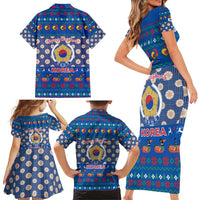 Korea Christmas Family Matching Short Sleeve Bodycon Dress and Hawaiian Shirt with Bear in Hanbok National Emblem and Traditional Boat Pattern Design - Wonder Print Shop