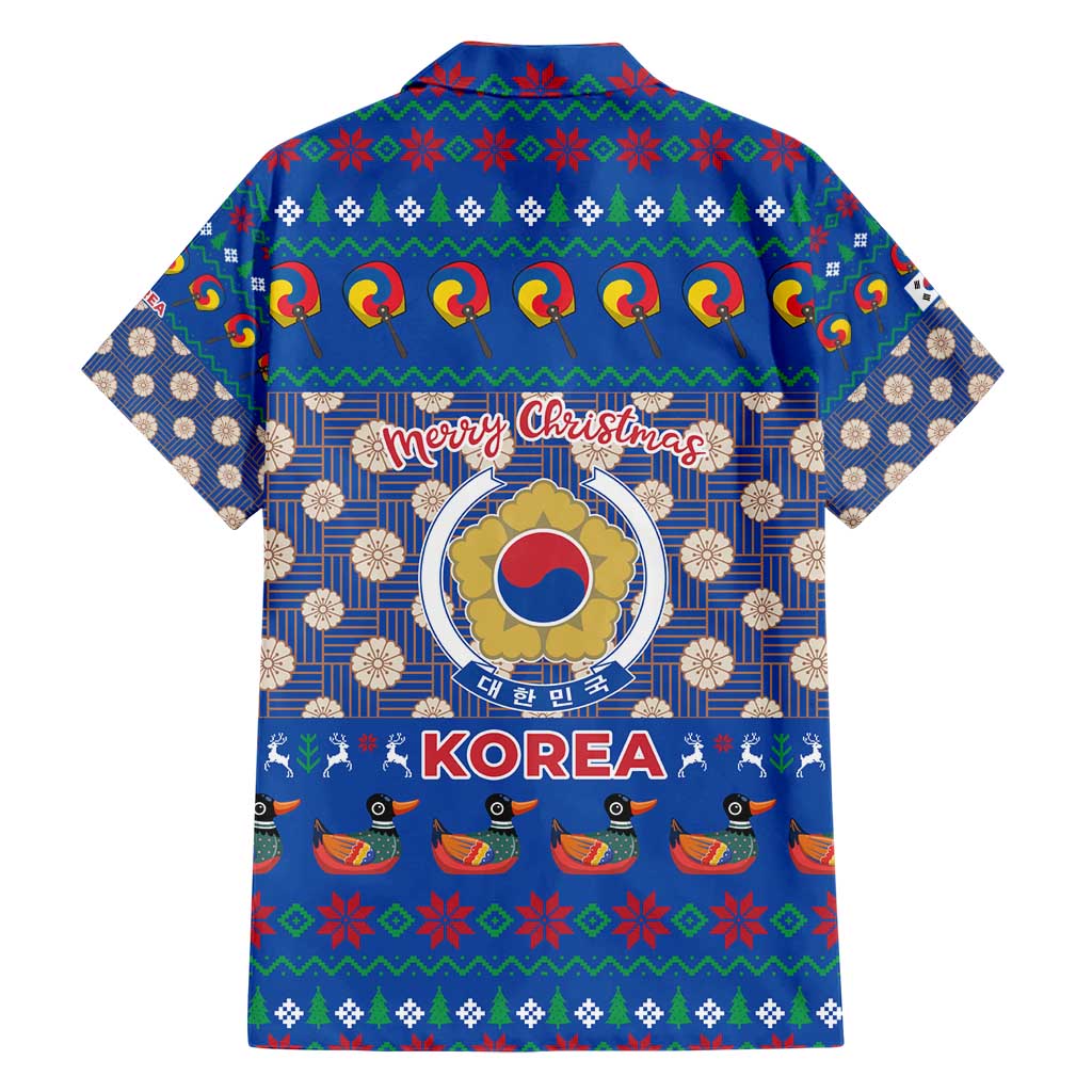 Korea Christmas Family Matching Short Sleeve Bodycon Dress and Hawaiian Shirt with Bear in Hanbok National Emblem and Traditional Boat Pattern Design - Wonder Print Shop