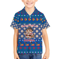 Korea Christmas Family Matching Short Sleeve Bodycon Dress and Hawaiian Shirt with Bear in Hanbok National Emblem and Traditional Boat Pattern Design - Wonder Print Shop
