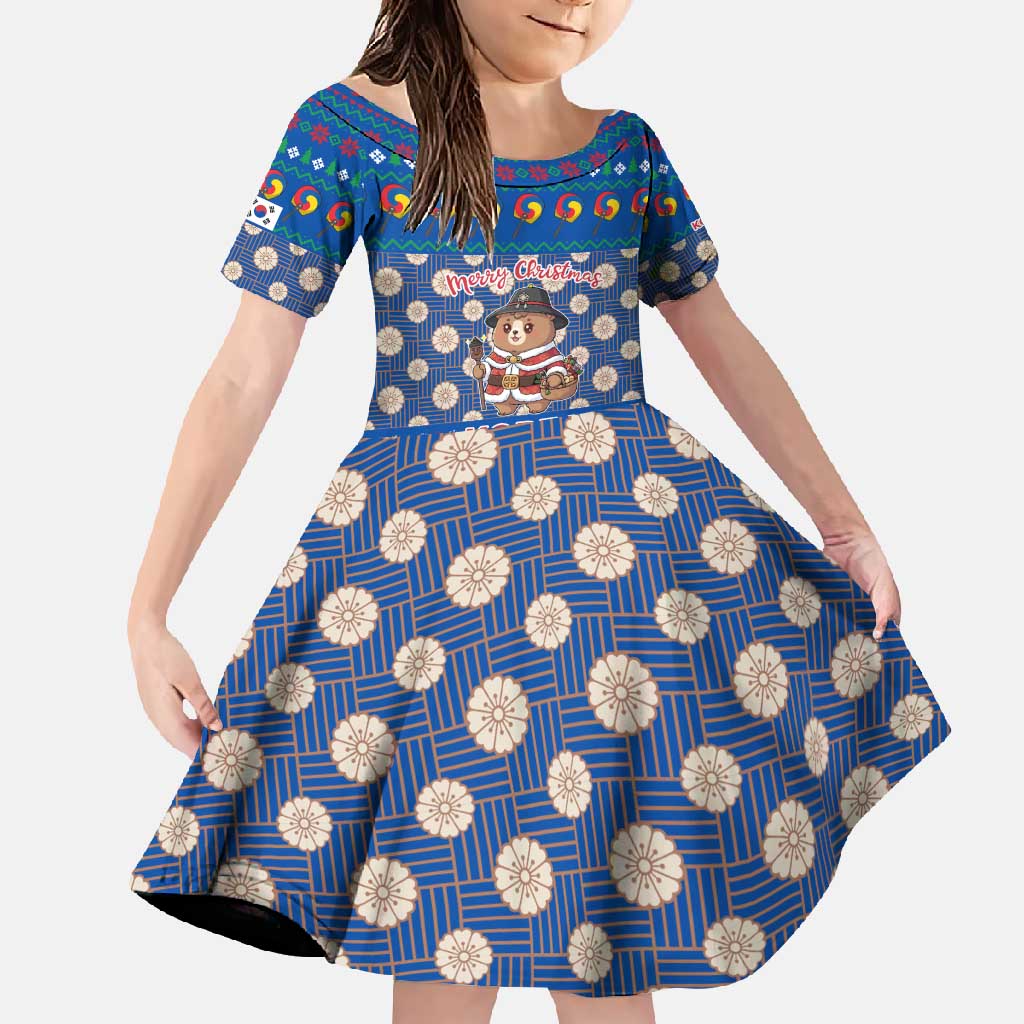 Korea Christmas Family Matching Summer Maxi Dress and Hawaiian Shirt with Bear in Hanbok National Emblem and Traditional Boat Pattern Design - Wonder Print Shop
