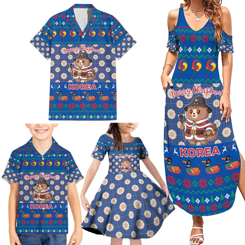 Korea Christmas Family Matching Summer Maxi Dress and Hawaiian Shirt with Bear in Hanbok National Emblem and Traditional Boat Pattern Design - Wonder Print Shop
