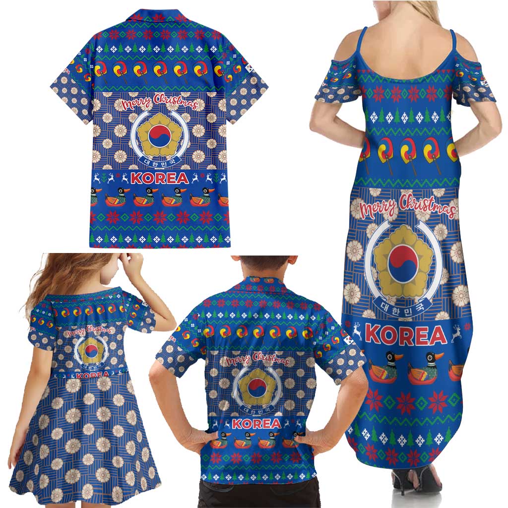 Korea Christmas Family Matching Summer Maxi Dress and Hawaiian Shirt with Bear in Hanbok National Emblem and Traditional Boat Pattern Design - Wonder Print Shop