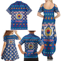 Korea Christmas Family Matching Summer Maxi Dress and Hawaiian Shirt with Bear in Hanbok National Emblem and Traditional Boat Pattern Design - Wonder Print Shop