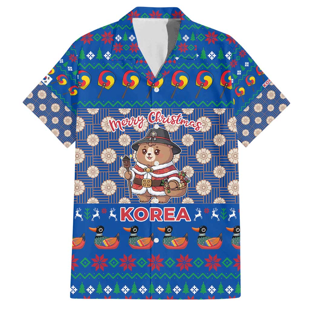 Korea Christmas Family Matching Summer Maxi Dress and Hawaiian Shirt with Bear in Hanbok National Emblem and Traditional Boat Pattern Design - Wonder Print Shop