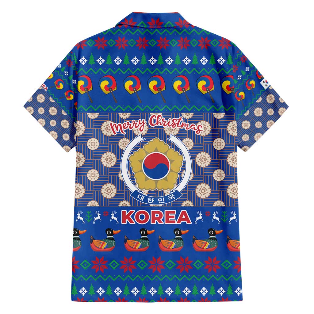 Korea Christmas Family Matching Summer Maxi Dress and Hawaiian Shirt with Bear in Hanbok National Emblem and Traditional Boat Pattern Design - Wonder Print Shop
