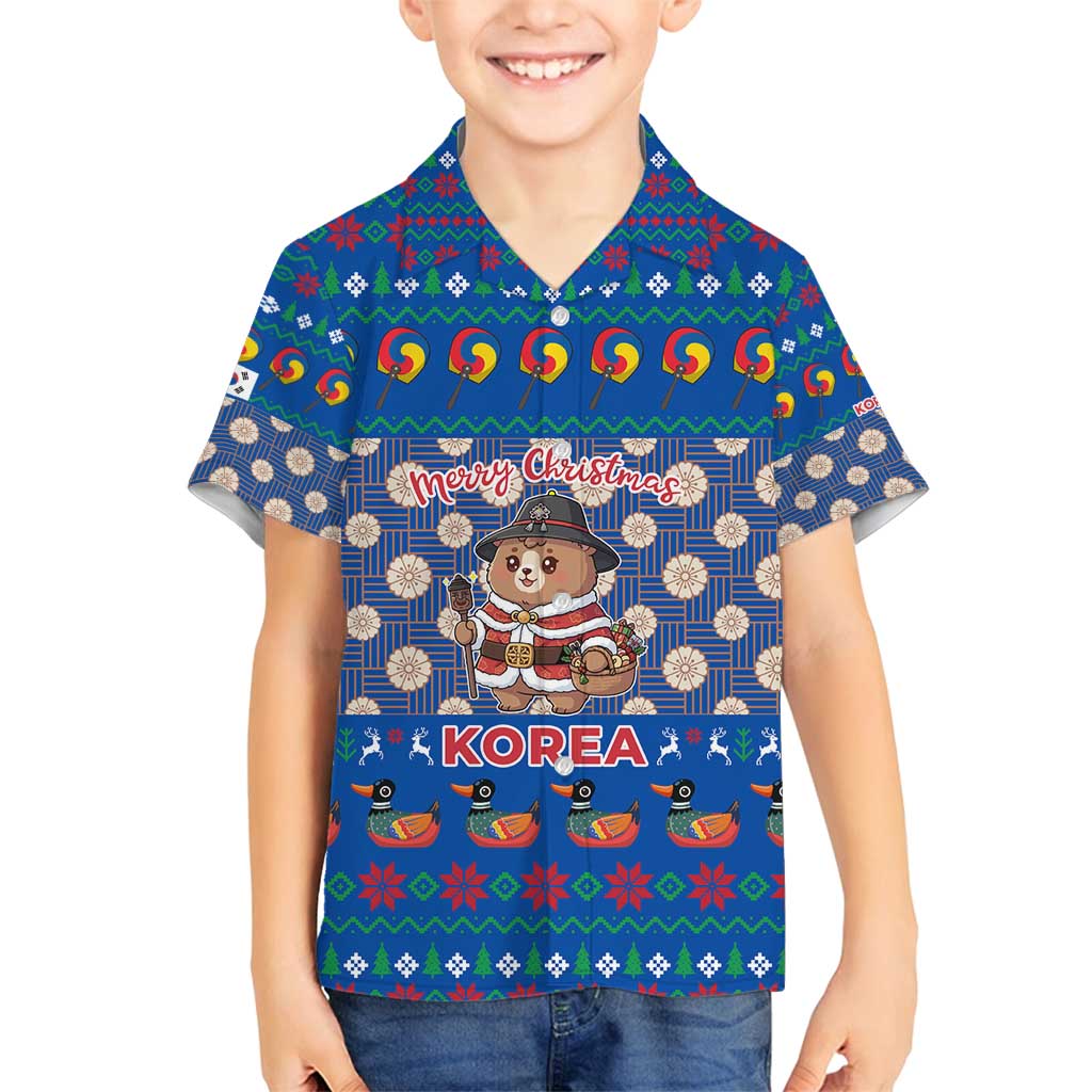 Korea Christmas Family Matching Summer Maxi Dress and Hawaiian Shirt with Bear in Hanbok National Emblem and Traditional Boat Pattern Design - Wonder Print Shop