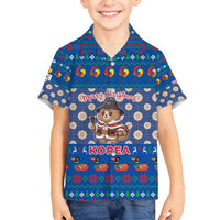 Korea Christmas Family Matching Summer Maxi Dress and Hawaiian Shirt with Bear in Hanbok National Emblem and Traditional Boat Pattern Design - Wonder Print Shop