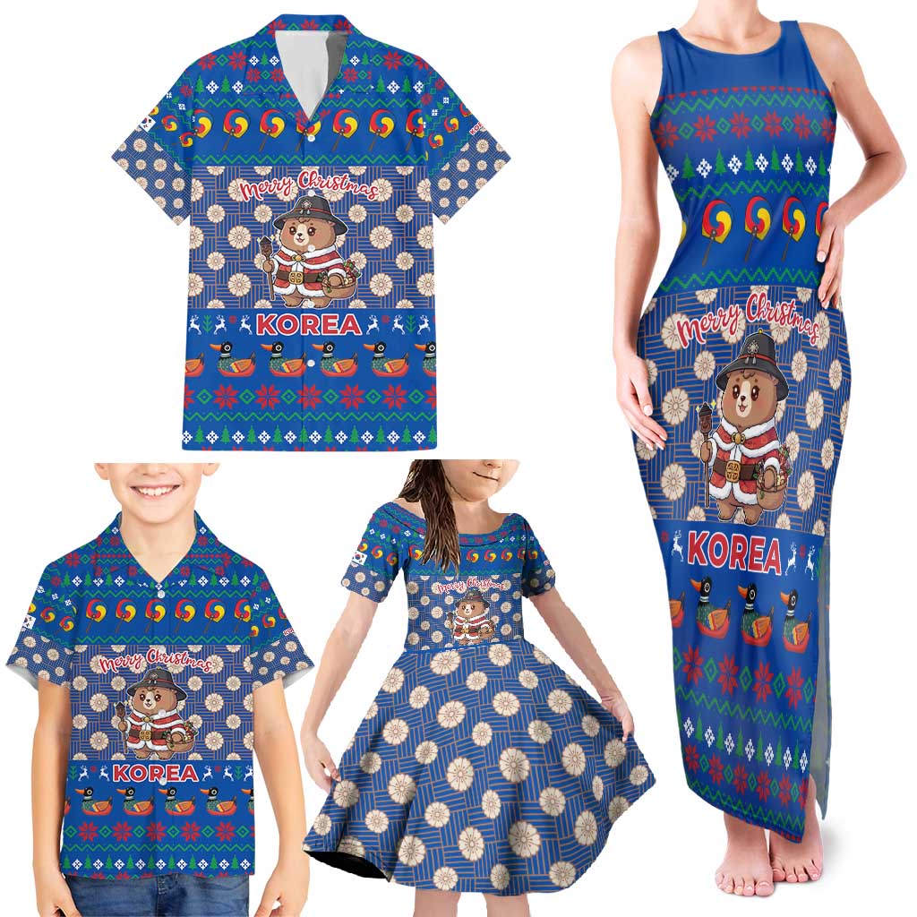 Korea Christmas Family Matching Tank Maxi Dress and Hawaiian Shirt with Bear in Hanbok National Emblem and Traditional Boat Pattern Design - Wonder Print Shop