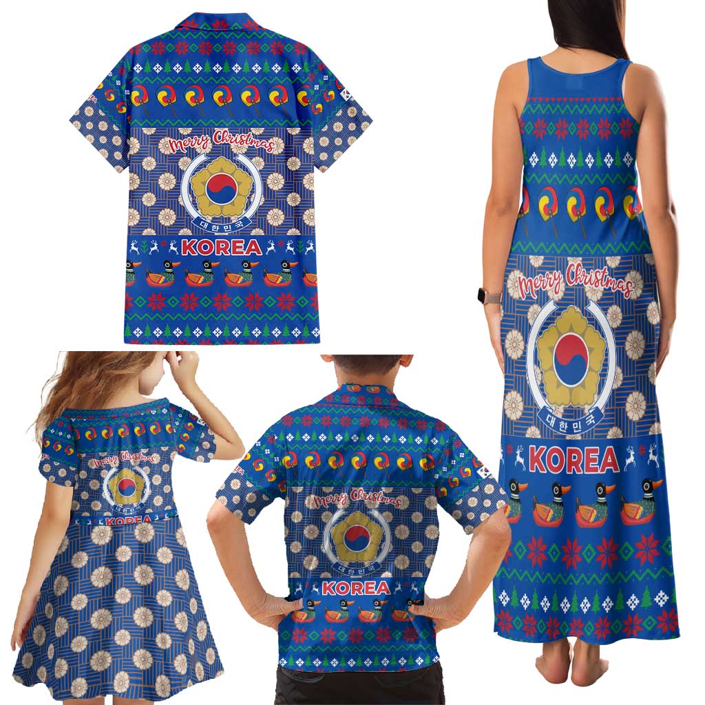 Korea Christmas Family Matching Tank Maxi Dress and Hawaiian Shirt with Bear in Hanbok National Emblem and Traditional Boat Pattern Design - Wonder Print Shop