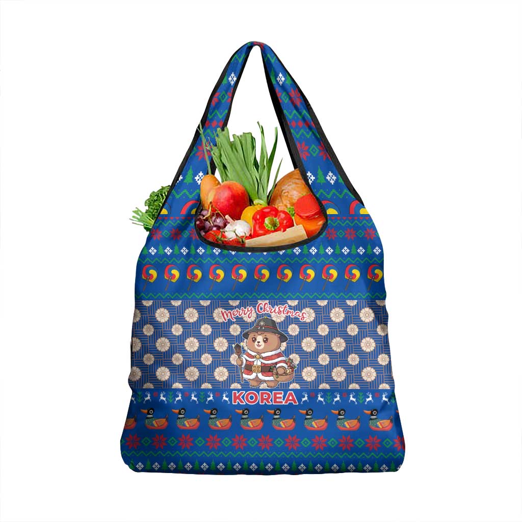 Korea Christmas Grocery Bag with Bear in Hanbok National Emblem and Traditional Boat Pattern Design - Wonder Print Shop
