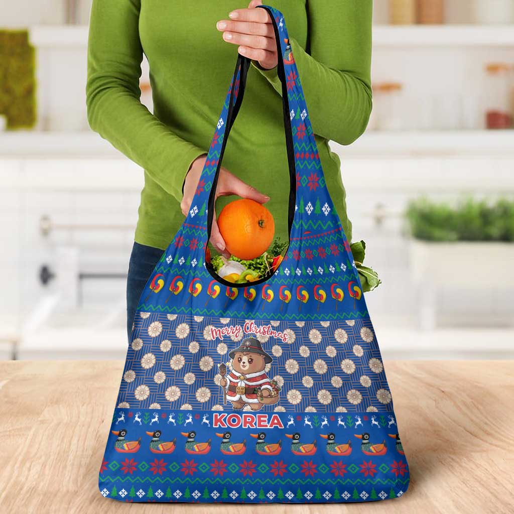 Korea Christmas Grocery Bag with Bear in Hanbok National Emblem and Traditional Boat Pattern Design - Wonder Print Shop