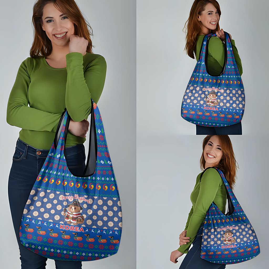 Korea Christmas Grocery Bag with Bear in Hanbok National Emblem and Traditional Boat Pattern Design - Wonder Print Shop