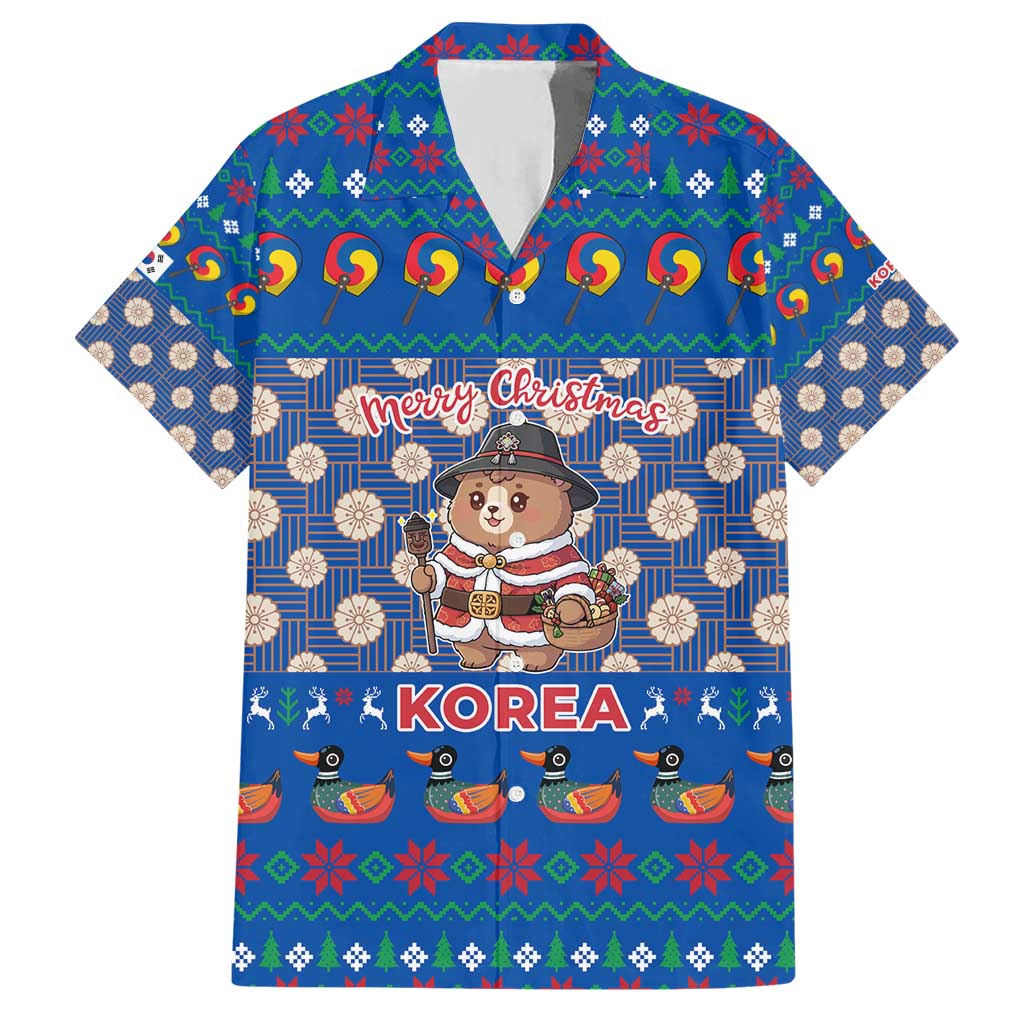 Korea Christmas Hawaiian Shirt with Bear in Hanbok National Emblem and Traditional Boat Pattern Design - Wonder Print Shop