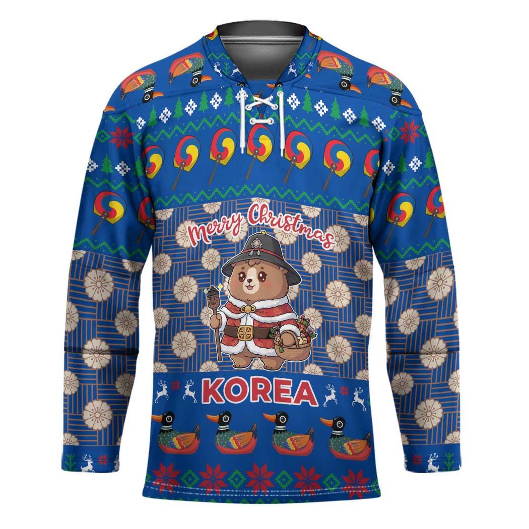 Korea Christmas Hockey Jersey with Bear in Hanbok National Emblem and Traditional Boat Pattern Design - Wonder Print Shop