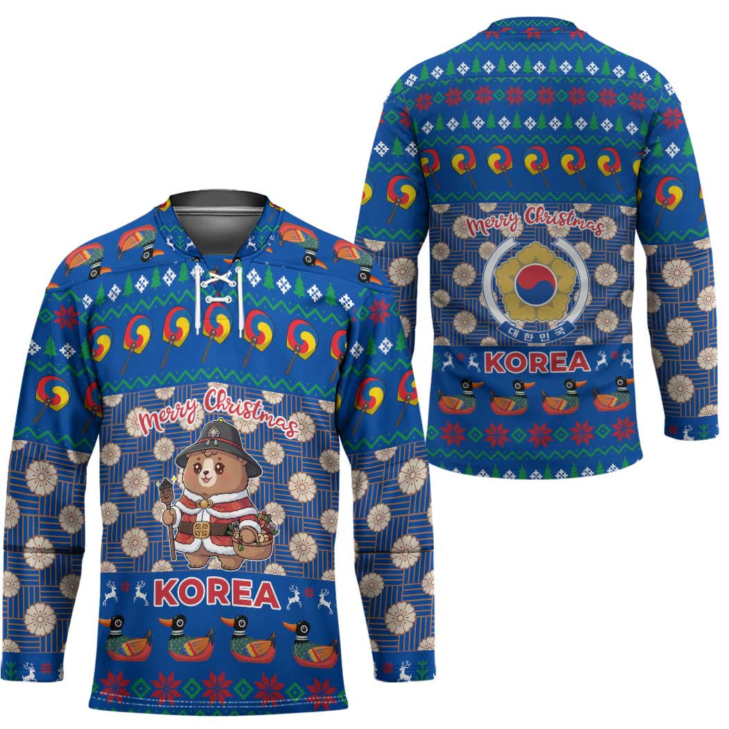 Korea Christmas Hockey Jersey with Bear in Hanbok National Emblem and Traditional Boat Pattern Design - Wonder Print Shop
