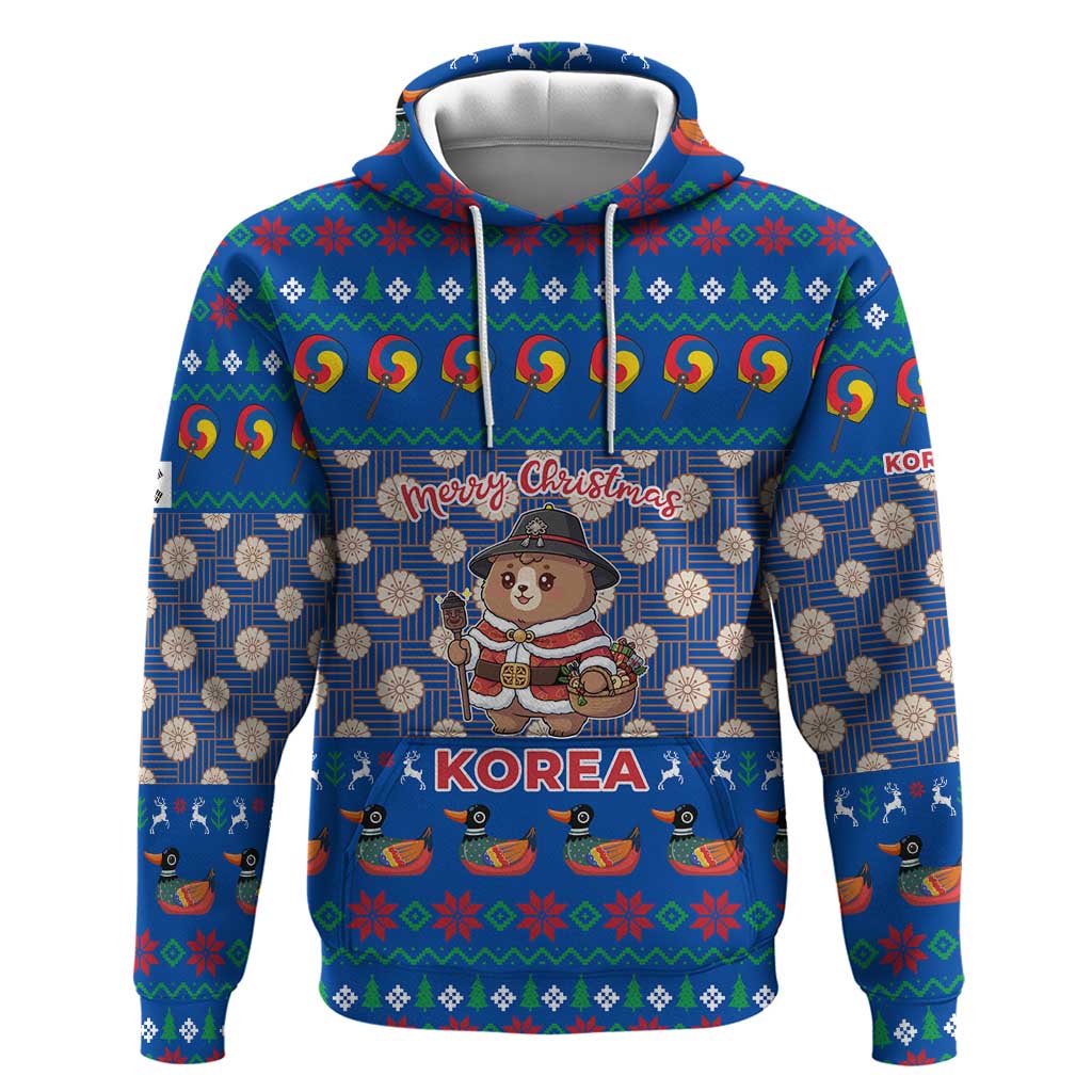 Korea Christmas Hoodie with Bear in Hanbok National Emblem and Traditional Boat Pattern Design - Wonder Print Shop