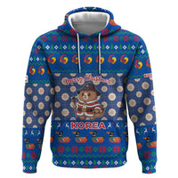 Korea Christmas Hoodie with Bear in Hanbok National Emblem and Traditional Boat Pattern Design - Wonder Print Shop