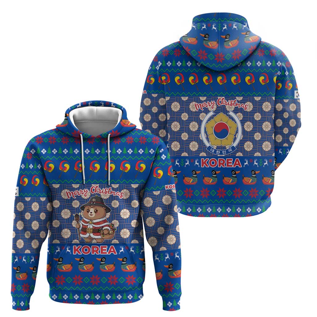 Korea Christmas Hoodie with Bear in Hanbok National Emblem and Traditional Boat Pattern Design - Wonder Print Shop