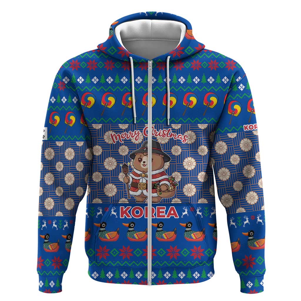 Korea Christmas Hoodie with Bear in Hanbok National Emblem and Traditional Boat Pattern Design - Wonder Print Shop