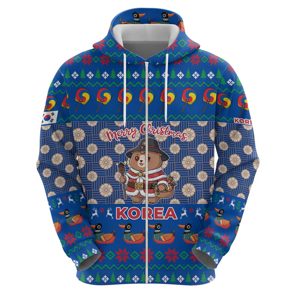 Korea Christmas Hoodie with Bear in Hanbok National Emblem and Traditional Boat Pattern Design - Wonder Print Shop