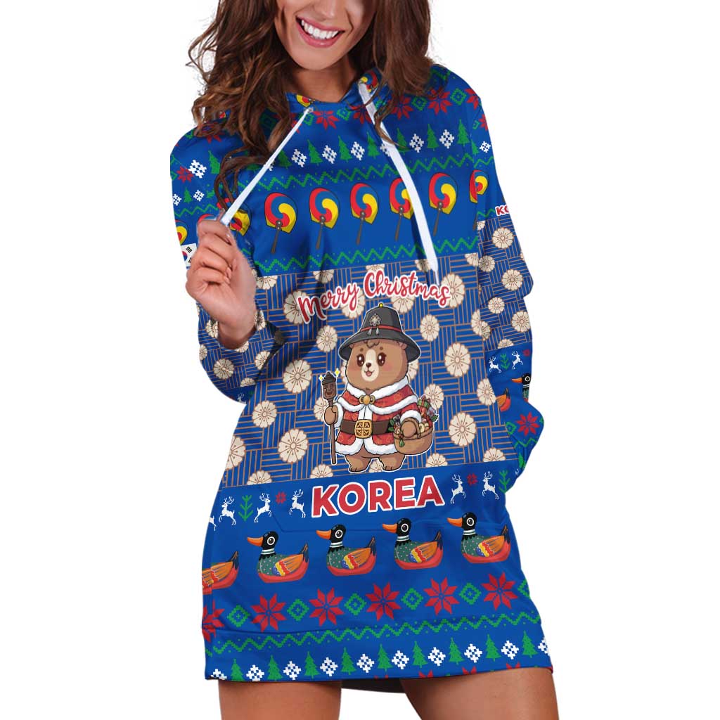 Korea Christmas Hoodie Dress with Bear in Hanbok National Emblem and Traditional Boat Pattern Design - Wonder Print Shop