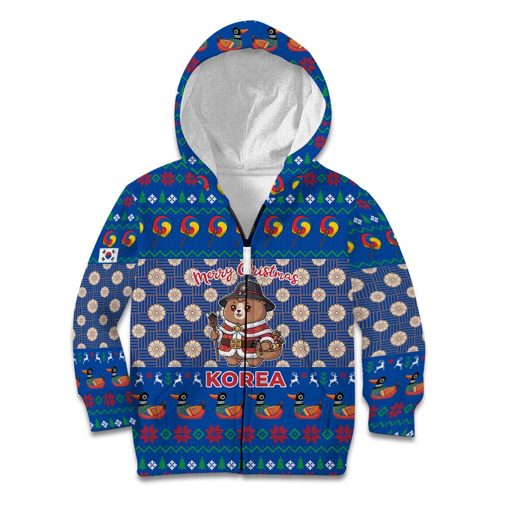 Korea Christmas Kid Hoodie with Bear in Hanbok National Emblem and Traditional Boat Pattern Design - Wonder Print Shop