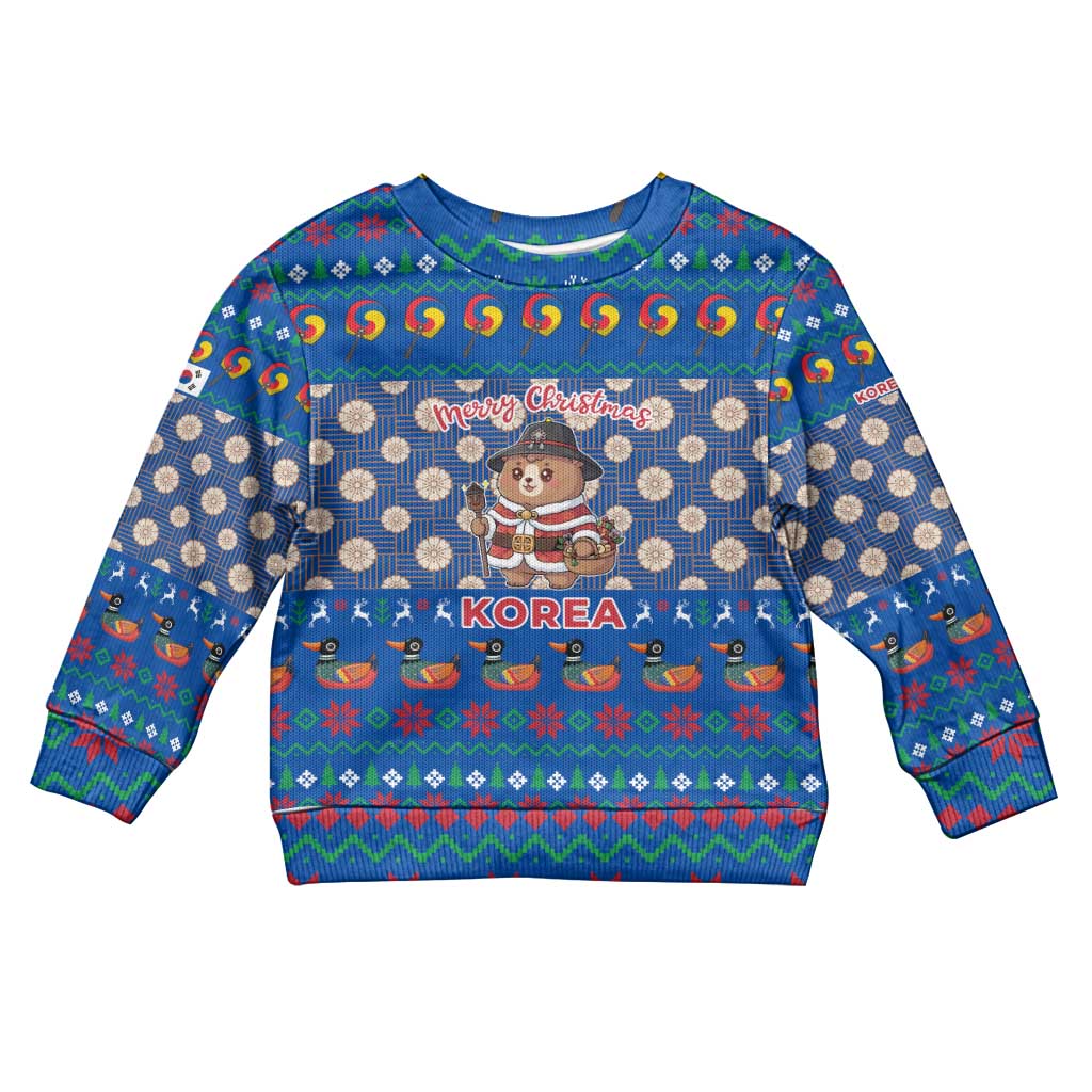 Korea Christmas Kid Ugly Christmas Sweater with Bear in Hanbok National Emblem and Traditional Boat Pattern Design - Wonder Print Shop