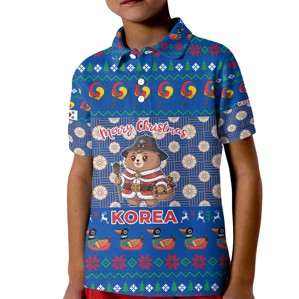 Korea Christmas Kid Polo Shirt with Bear in Hanbok National Emblem and Traditional Boat Pattern Design - Wonder Print Shop