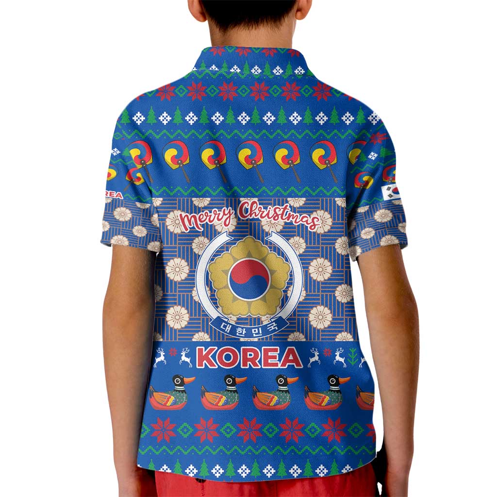 Korea Christmas Kid Polo Shirt with Bear in Hanbok National Emblem and Traditional Boat Pattern Design - Wonder Print Shop