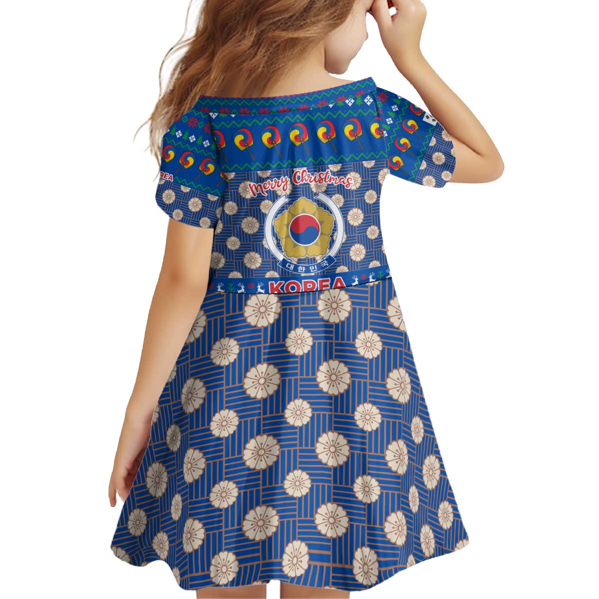 Korea Christmas Kid Short Sleeve Dress with Bear in Hanbok National Emblem and Traditional Boat Pattern Design - Wonder Print Shop