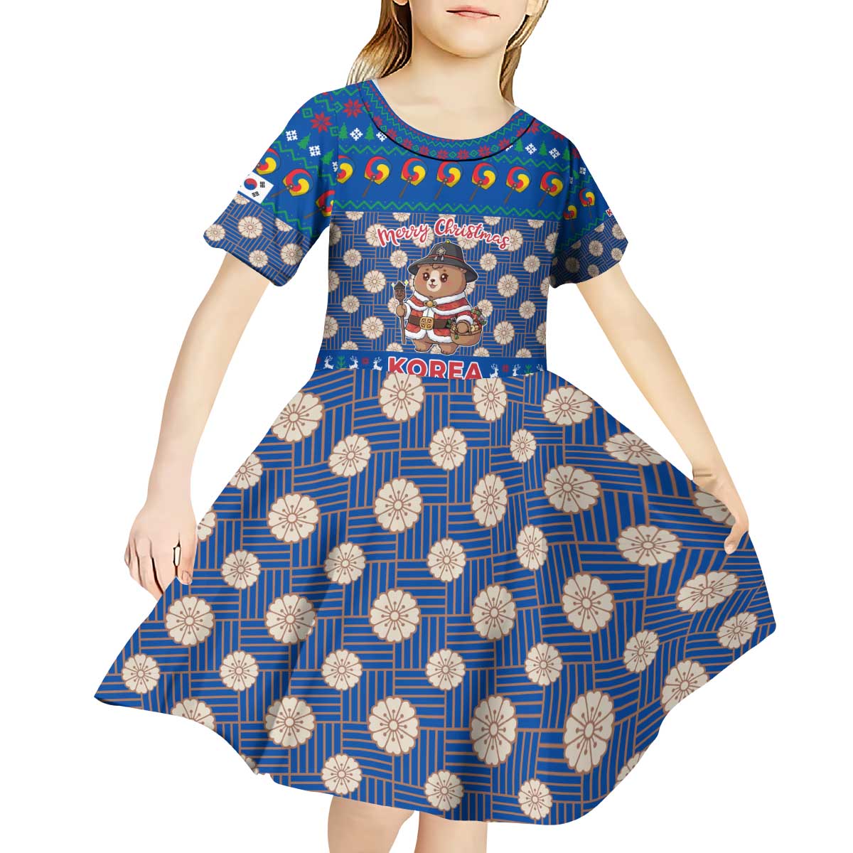 Korea Christmas Kid Short Sleeve Dress with Bear in Hanbok National Emblem and Traditional Boat Pattern Design - Wonder Print Shop
