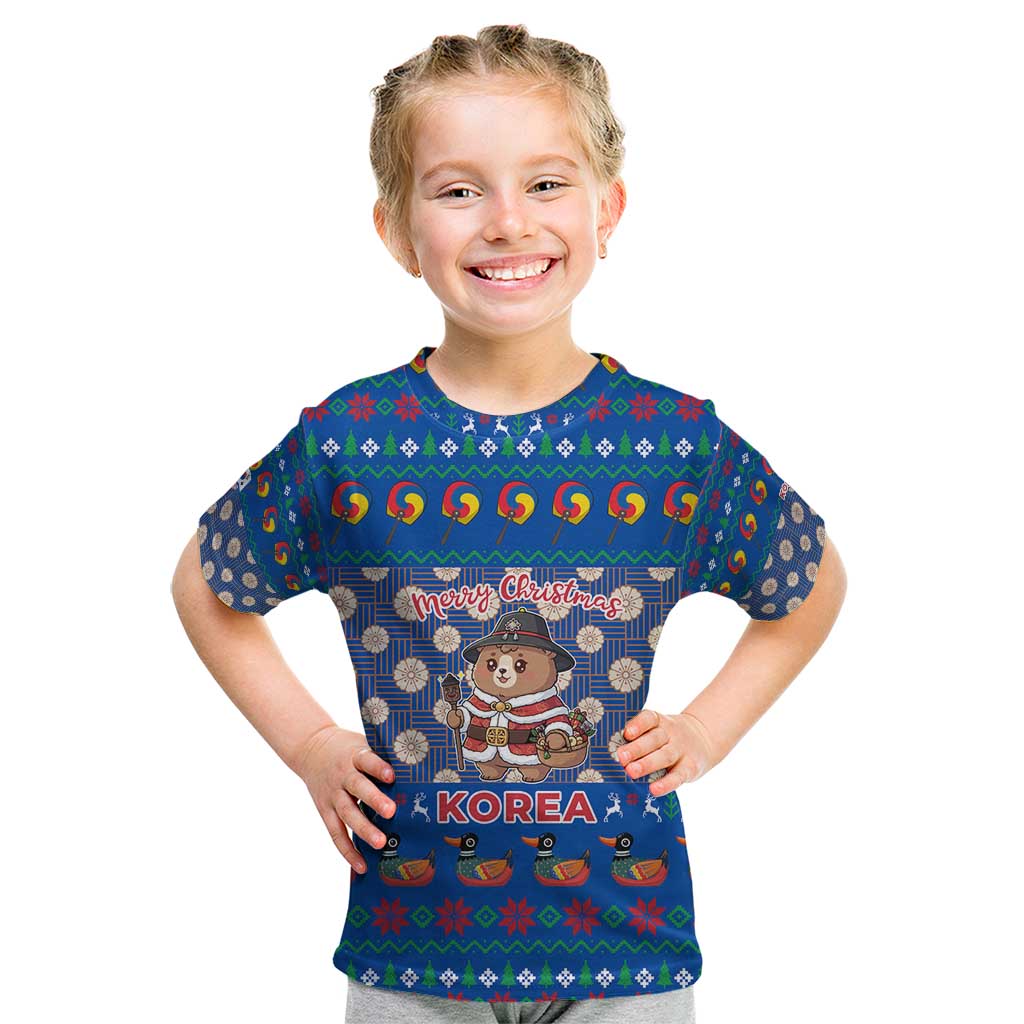 Korea Christmas Kid T Shirt with Bear in Hanbok National Emblem and Traditional Boat Pattern Design - Wonder Print Shop