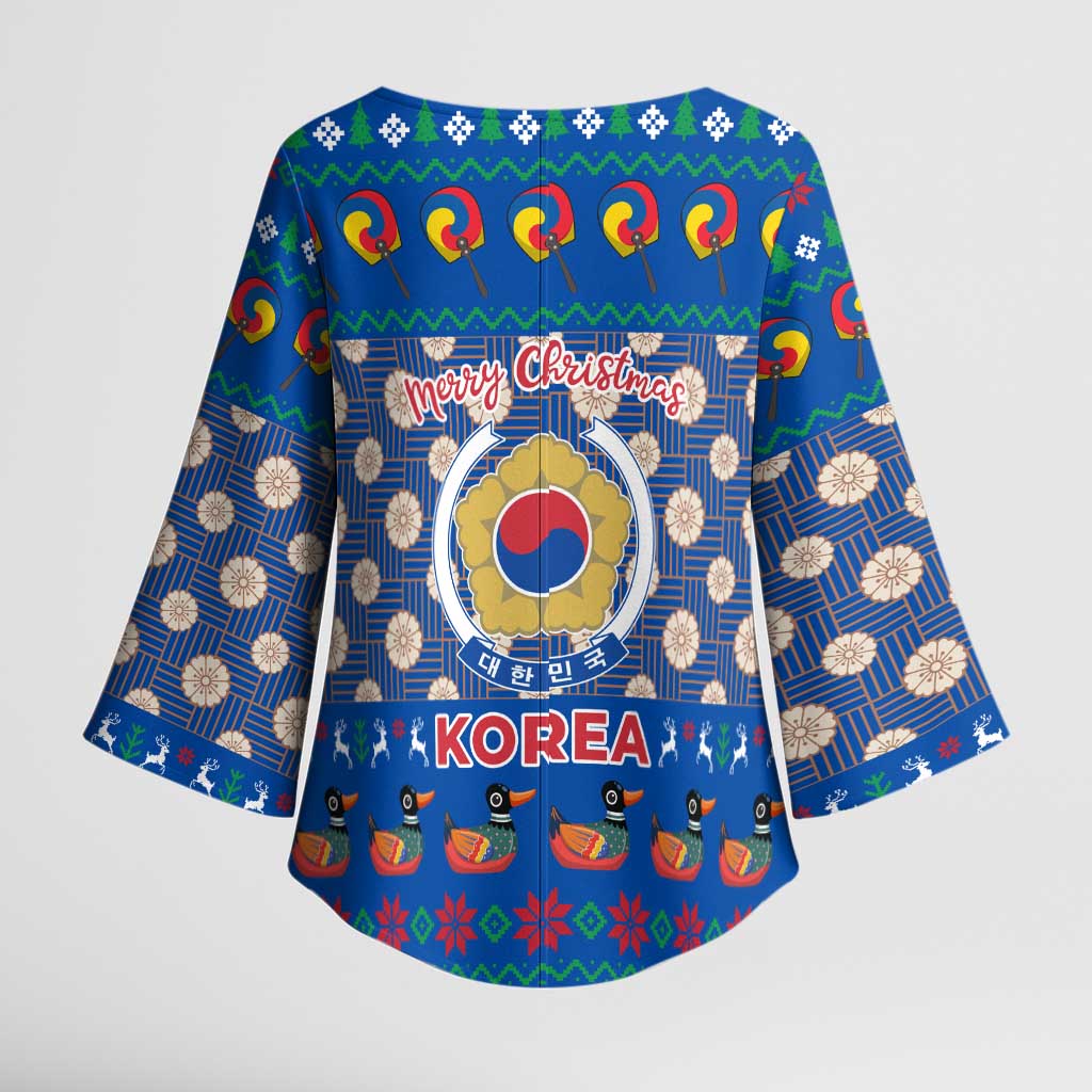 Korea Christmas Kimono Sleeve Blouse with Bear in Hanbok National Emblem and Traditional Boat Pattern Design - Wonder Print Shop