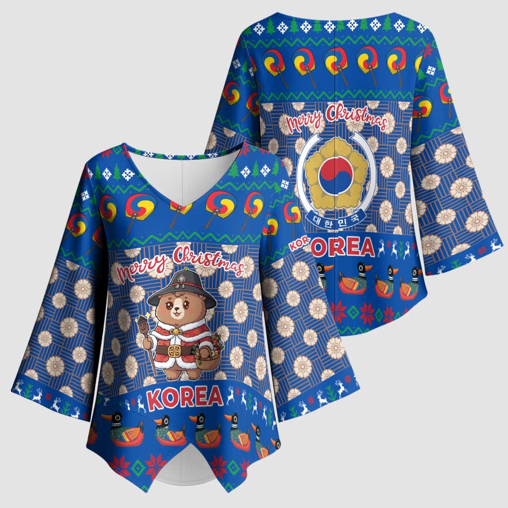Korea Christmas Kimono Sleeve Blouse with Bear in Hanbok National Emblem and Traditional Boat Pattern Design - Wonder Print Shop