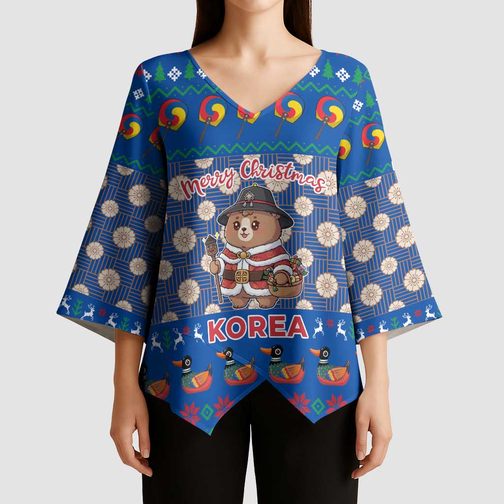 Korea Christmas Kimono Sleeve Blouse with Bear in Hanbok National Emblem and Traditional Boat Pattern Design - Wonder Print Shop