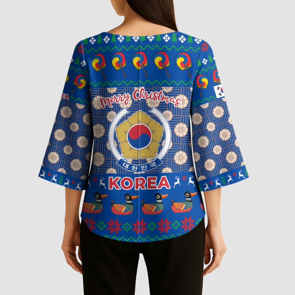 Korea Christmas Kimono Sleeve Blouse with Bear in Hanbok National Emblem and Traditional Boat Pattern Design - Wonder Print Shop