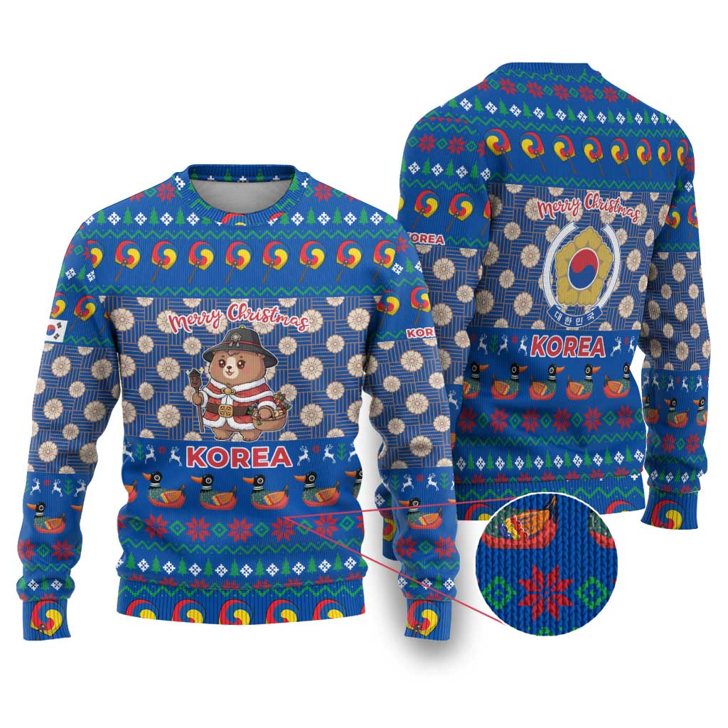 Korea Christmas Ugly Christmas Sweater with Bear in Hanbok National Emblem and Traditional Boat Pattern Design - Wonder Print Shop