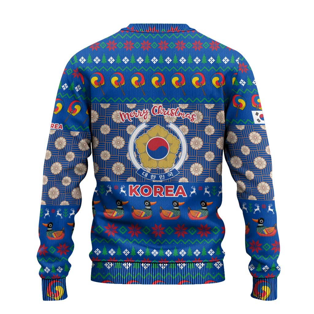 Korea Christmas Ugly Christmas Sweater with Bear in Hanbok National Emblem and Traditional Boat Pattern Design - Wonder Print Shop