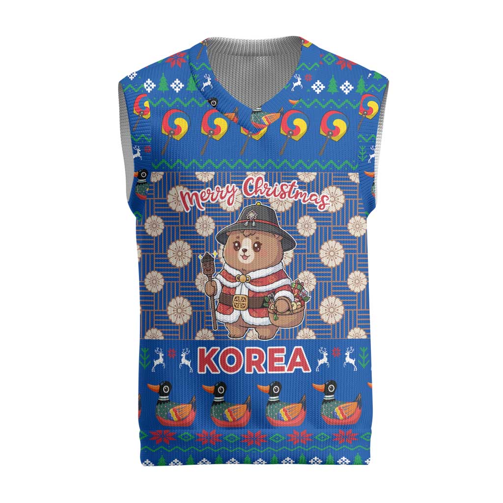 Korea Christmas Knitted V-Neck Vest with Bear in Hanbok National Emblem and Traditional Boat Pattern Design - Wonder Print Shop