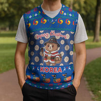 Korea Christmas Knitted V-Neck Vest with Bear in Hanbok National Emblem and Traditional Boat Pattern Design - Wonder Print Shop