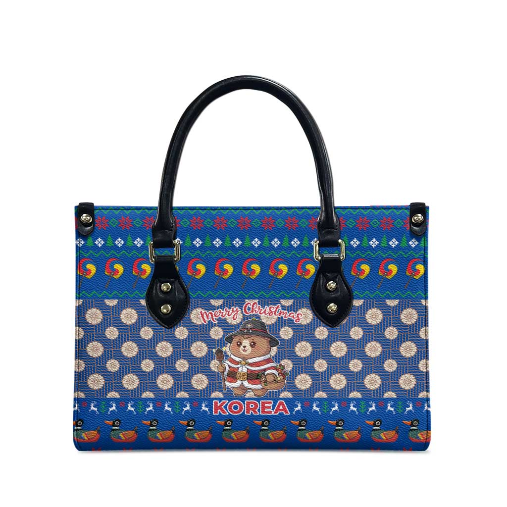 Korea Christmas Leather Bag with Bear in Hanbok National Emblem and Traditional Boat Pattern Design - Wonder Print Shop