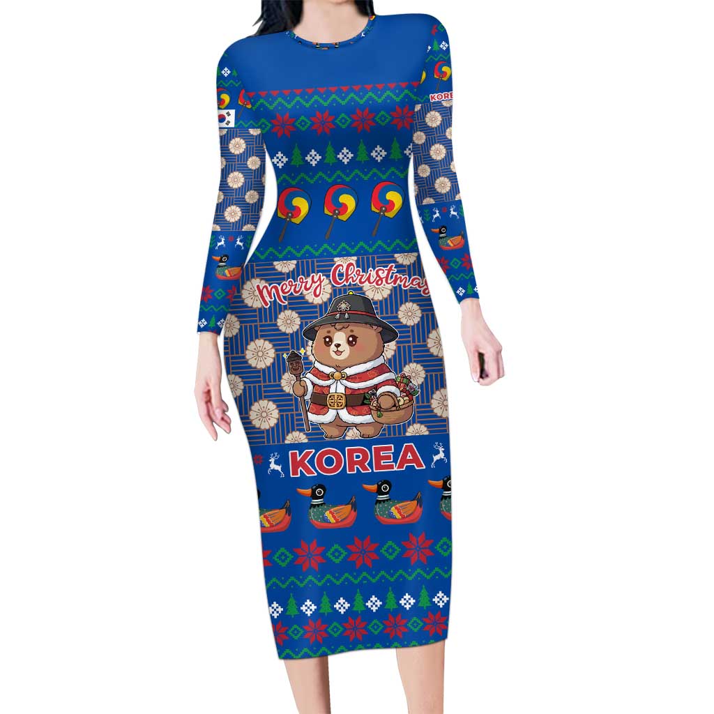 Korea Christmas Long Sleeve Bodycon Dress with Bear in Hanbok National Emblem and Traditional Boat Pattern Design - Wonder Print Shop