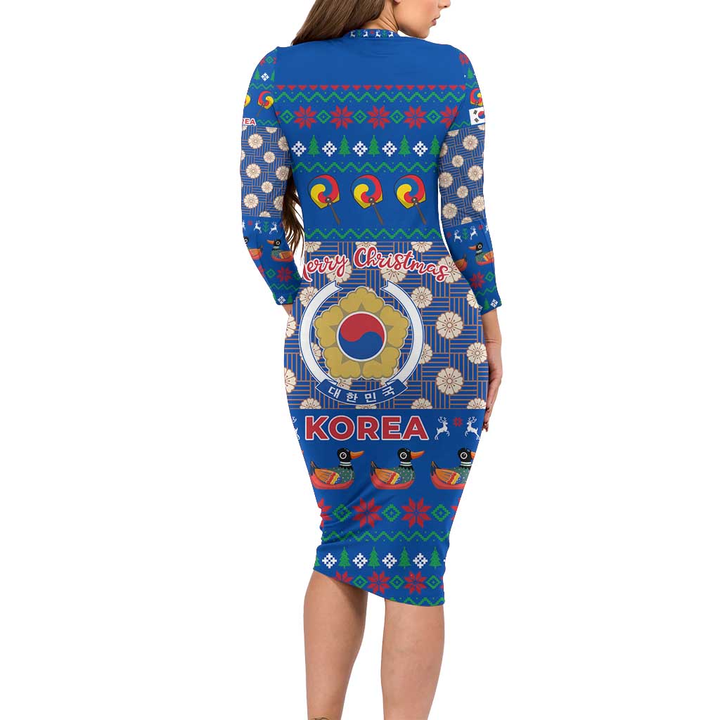 Korea Christmas Long Sleeve Bodycon Dress with Bear in Hanbok National Emblem and Traditional Boat Pattern Design - Wonder Print Shop