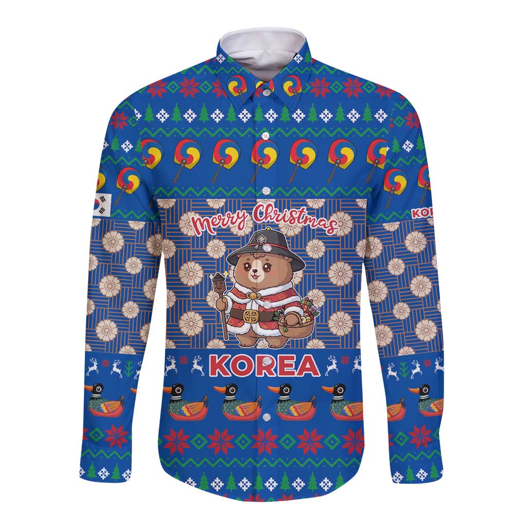 Korea Christmas Long Sleeve Button Shirt with Bear in Hanbok National Emblem and Traditional Boat Pattern Design - Wonder Print Shop